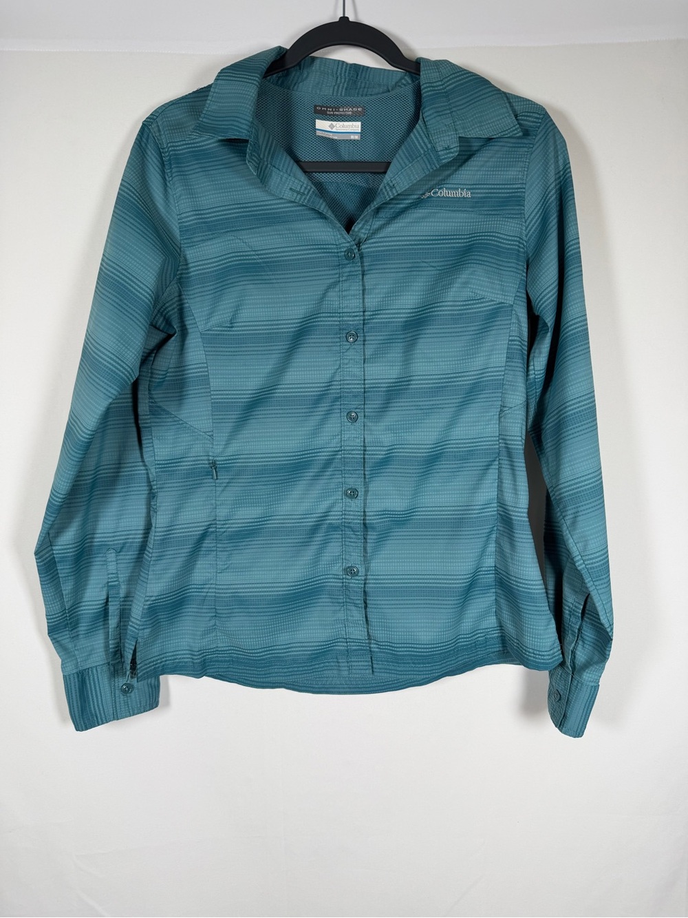 Columbia OmniShade Teal Striped Long-Sleeve Button-Down Shirt Outdoors Granola